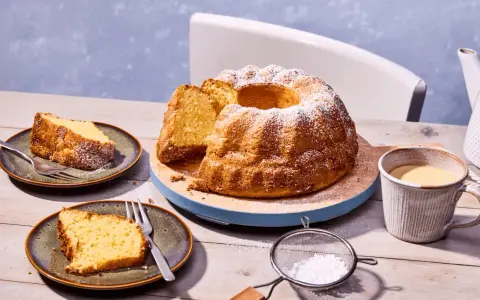 Ein goldbrauner Kartoffelkuchen mit Puderzucker bestreut, daneben zwei Teller mit Kuchenstücken, eine Tasse Kaffee und eine Kanne. Ein tolles Kartoffelkuchen Rezept!