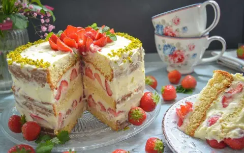 Erdbeerboden wie bei Oma: saftiger Biskuit mit viel frischen Erdbeeren und Sahne, verziert mit Pistazien. Ein Stück Kuchen zum Genießen.