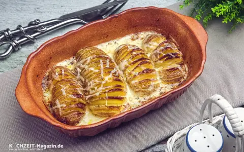 Hasselback Kartoffeln in cremiger Sauce, goldbraun gebacken und mit Käse überbacken. Ein Genuss für jeden Kartoffelliebhaber.