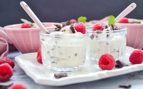 Leckeres Herrencreme Rezept: Cremiges Dessert mit Schokostückchen, frischen Himbeeren und Minze in Gläschen.