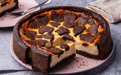 Ein saftiger russischer Zupfkuchen mit dunklem Schokoladenboden und cremiger Käsemasse, belegt mit zupfartigen Schokoladenstückchen.