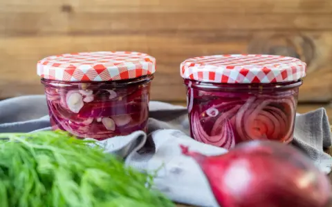 Zwei Gläser mit eingelegten Zwiebeln, rot und weiß, stehen auf einem grauen Tuch. Frischer Dill und eine rote Zwiebel liegen davor.