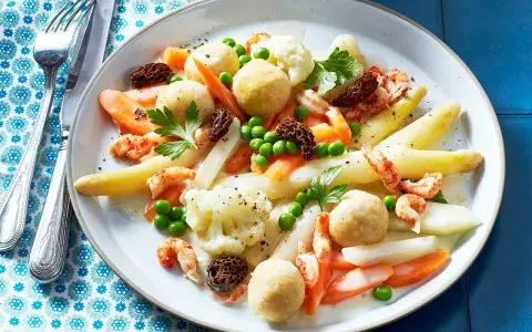 Leipziger Allerlei: Spargel, Erbsen, Karotten, Blumenkohl, Garnelen und Morcheln auf einem Teller.