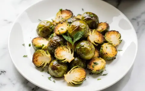 Knuspriger rosenkohl im airfryer, leicht gebräunt und mit Petersilie bestreut, auf einem weißen Teller serviert.