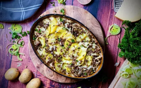 Herzhafter kartoffelauflauf mit hackfleisch, überbacken mit Käse und garniert mit Petersilie. Dazu frische Kartoffeln, Lauch und ein Stück Käse.