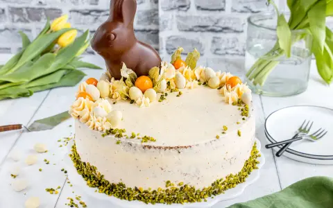 Oster-Torte mit Schokohase, bunten Eiern und Physalis. Eine ostertorte schnell und einfach dekoriert, perfekt für das Osterfest.