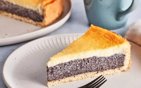 Ein Stück Mohn Schmand Kuchen mit goldbraunem Boden und cremiger Füllung auf einem Teller, daneben eine Tasse.