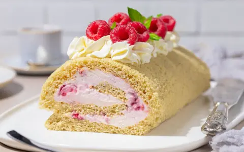 Himbeer Biskuitrolle mit Sahne und frischen Beeren, ein Genuss für jeden Kaffeetisch.