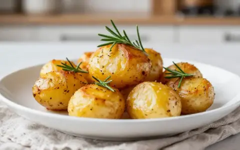 Goldbraune rosmarinkartoffeln im Airfryer, garniert mit frischem Rosmarin, auf einem weißen Teller.