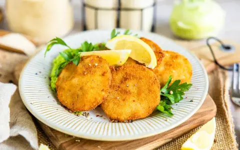 Knuspriges Kohlrabi Schnitzel auf einem Teller mit Erbsenpüree, Zitrone und Petersilie. Ein Genuss für Vegetarier!