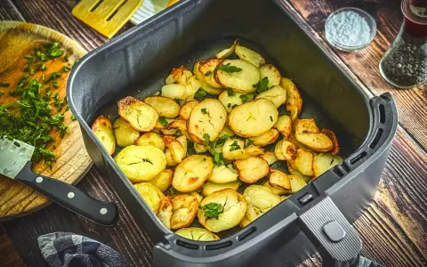 Goldbraune bratkartoffeln im Airfryer, garniert mit frischer Petersilie. Perfekt als Beilage oder Snack.