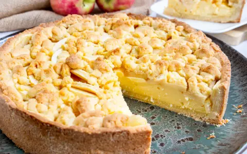 Omas weltbester Apfelkuchen mit Vanillepudding, ein saftiger Genuss mit knuspriger Streuselhaube und cremiger Füllung.