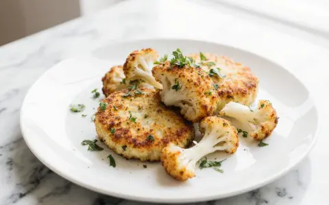 Knusprige Blumenkohl Schnitzel auf einem Teller, garniert mit frischer Petersilie. Ein leckeres vegetarisches Gericht.
