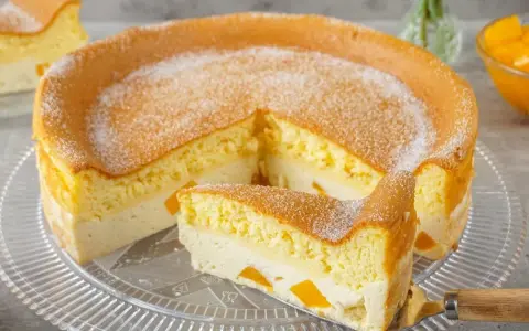 Luftige Eierschecke ohne Boden, mit einer cremigen Füllung und saftigen Fruchtstücken, bestäubt mit Puderzucker.