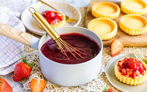 Frisch zubereiteter Tortenguss in einem Topf, bereit, um Obstkuchen zu verfeinern. Daneben liegen frische Erdbeeren und leere Tartelettes.
