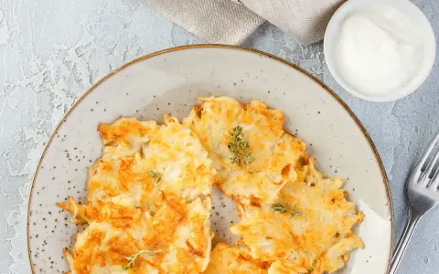 Knusprige Kartoffelpuffer, im Waffeleisen goldbraun gebacken, liegen auf einem Teller. Dazu ein Schälchen mit Sour Cream und ein Gabel.