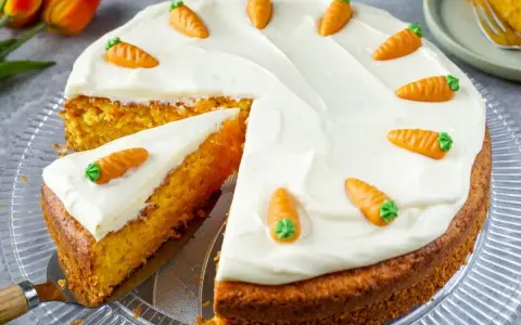 Ein saftiger Karottenkuchen mit cremigem Frosting, dekoriert mit kleinen Marzipan-Karotten. Perfekt für jedes Karottenkuchen Rezept!