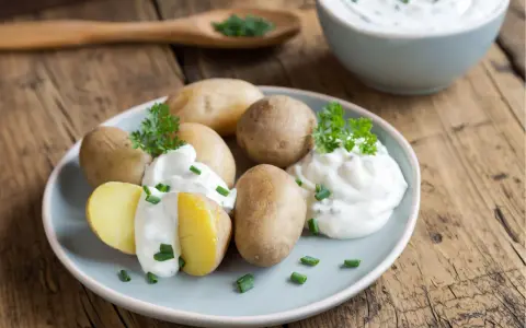 Gedämpfte Kartoffeln mit Kräuterquark und Schnittlauch, schnell in der Mikrowelle zubereitet.