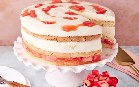 Eine köstliche Erdbeer Rhabarber Torte mit Sahne und Fruchtstücken, auf einem rosa Tortenständer präsentiert.