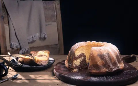 Ein fluffiger Marmorkuchen, bestäubt mit Puderzucker, liegt auf einem Holzbrett. Daneben zwei Stücke auf einem Teller.