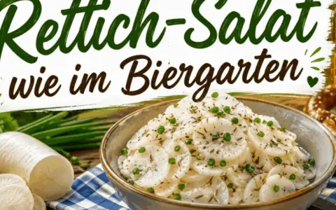 Frischer Rettichsalat, wie im Biergarten, mit Radieschen, Schnittlauch und einem Bier.