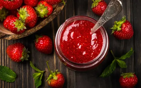 Frische Erdbeeren und ein Glas selbstgemachte Erdbeermarmelade, bereit zum Einkochen. Ein Löffel steckt in der Marmelade.