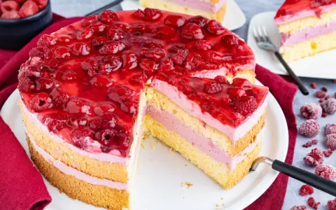 Himbeertorte mit gefrorenen Himbeeren: saftiger Biskuit, cremige Füllung und fruchtiges Topping. Ein köstliches Rezept!