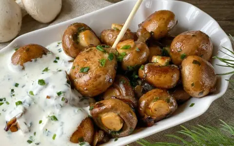 Herzhafte Champignons wie vom Weihnachtsmarkt, glasiert und mit Kräutern bestreut, serviert mit cremiger Sauce.