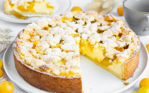 Ein saftiger Mirabellenkuchen mit Streuseln, wie ihn Landfrauen backen. Ein Stück ist bereits angeschnitten.