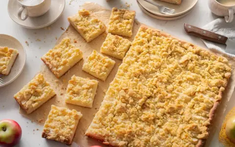Ein frisch gebackener Apfelkuchen mit Streusel, aufgeteilt in rechteckige Stücke, daneben Äpfel und eine Tasse Kaffee.