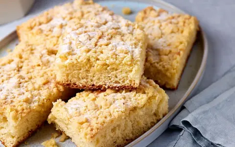 Saftiger Streuselkuchen vom Blech, mit Puderzucker bestäubt, liegt auf einem Teller.