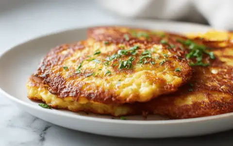 Goldbraune Kartoffelpuffer im Airfryer, garniert mit frischer Petersilie, auf einem weißen Teller.