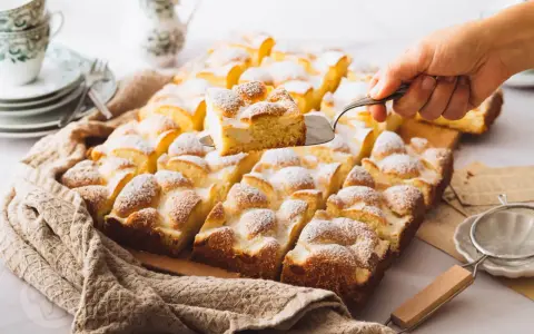 Ein Stück Spiegeleikuchen mit Quark wird aus einem Blechkuchen mit Puderzucker gehoben.