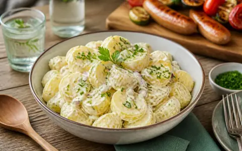 Cremiger Kartoffelsalat mit Schmand, garniert mit frischer Petersilie, bereit für ein Grillfest.