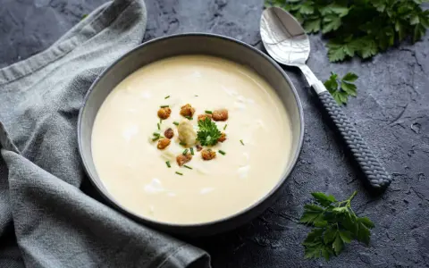 Cremige Spargelsuppe aus Schalen, garniert mit Croutons und frischen Kräutern. Ein Löffel liegt daneben.