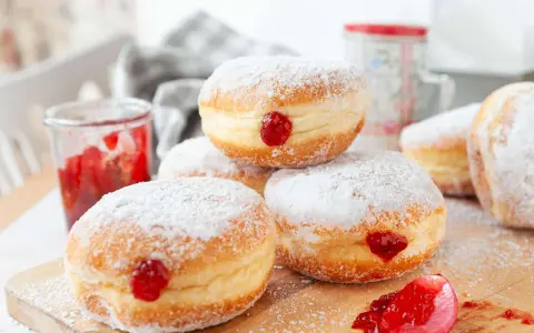 Frisch gebackene Krapfen im Airfryer, mit Puderzucker bestäubt und Marmelade gefüllt. Ein süßer Genuss!