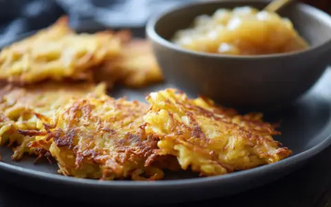 Knusprige Kartoffelpuffer mit süßem Apfelmus auf einem Teller. Ein Klassiker, der immer schmeckt.