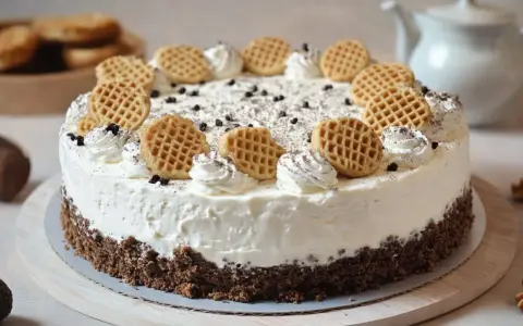Cremige Mohrenkopftorte mit Keksboden, verziert mit Sahnetuffs, Schokostreuseln und kleinen Waffeln. Ein Traum für jeden Kaffeetisch!