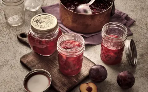 Frisch eingekochte Pflaumenmarmelade im Glas, bereit für das pflaumenmarmelade rezept. Frische Pflaumen liegen daneben.