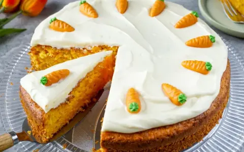 Ein saftiger Karottenkuchen mit weißem Frosting und kleinen Marzipanmöhren, perfekt für ein Osterkuchen Rezept.