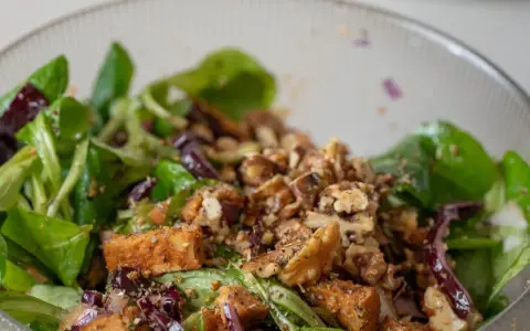 Leckerer Feldsalat mit gebratenem Tofu, Walnüssen und roten Zwiebeln. Ein einfaches Feldsalat Rezept für jeden Tag.