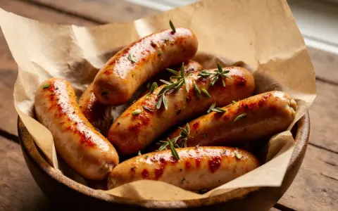 Saftige bratwurst im airfryer, goldbraun und mit Rosmarin garniert, serviert in einer Holzschale auf rustikalem Tisch.