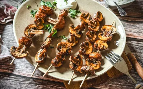 Gegrillte Champignons am Spieß, mit Kräutern verfeinert, auf einem Teller serviert. Ein Genuss für jeden Pilzliebhaber!