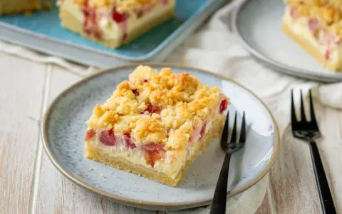 Ein Stück von Omas Rhabarberkuchen mit Quark und Streuseln auf einem Teller, bereit zum Genießen.