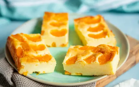 Vier Stücke saftiger Mandarinen Quark Kuchen auf einem Teller, garniert mit frischen Mandarinenstücken.