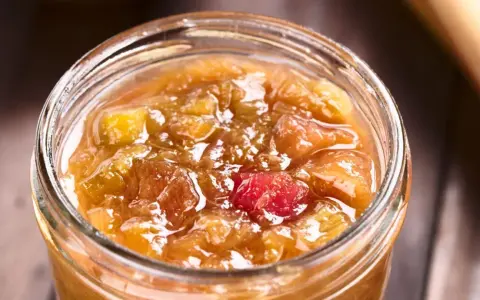 Ein Glas mit leuchtend rotem und goldenem Rhabarber-Chutney, bereit zum Genießen.