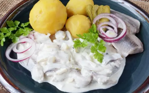 Marinierter Hering in cremiger Soße mit Salzkartoffeln, Gurken und Zwiebelringen. Ein deftiges Gericht, das Appetit macht.