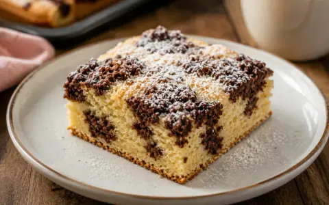 Ein Stück saftiger Wolkenkuchen mit Schokostreuseln und Puderzucker. Dieses Wolkenkuchen Rezept ist ein Genuss!