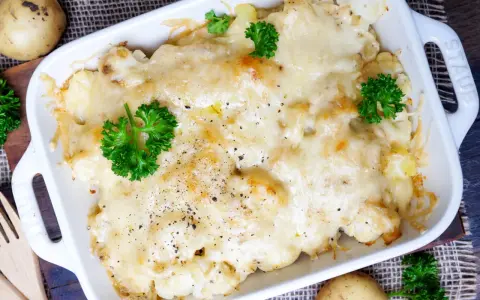 Herzhafter Blumenkohl Auflauf mit geschmolzenem Käse und frischer Petersilie, garniert mit Pfeffer.