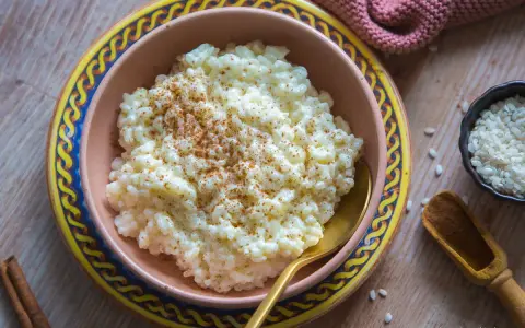 Cremiger Milchreis, bestreut mit Zimt, wartet in einer Schale auf sein Milchreis Rezept. Daneben liegen Reiskörner und Zimtstangen.